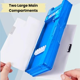 RINCS Essentials Pencil Case for Kids - Includes Calculator, Sharpener, Class Timetable & Stickers, 2 Large Pop Out Compartment with Push Button | Multifunctional Stationery Box (Space Dinosaurs)