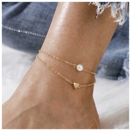 Yheakne Boho Layered Pearl Anklet Gold Heart Ankle Bracelet Love Heart Anklet Chain Vintage Foot Chain Jewelry for Women and Girls