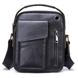 Leather Shoulder Crossbody Bag for Men Business Messenger Briefcase Handbag Phone Wallet Tote Casual Daypack with Phone Cable Hole Black