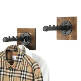 MyGift Wall Mounted Garment Hooks, Industrial Style Black Metal Pipe Valet Bar with 4 Separator and Burnt Wood Backing, Clothing Hanger Wall Rack, Set of 2