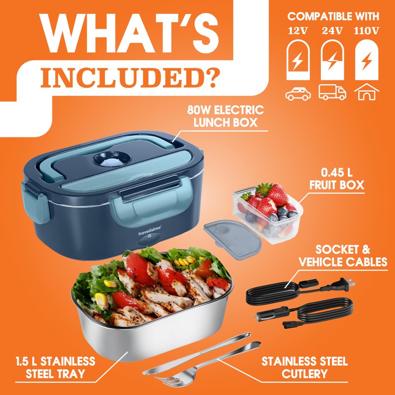 TRAVELISIMO Electric Lunch Box for Adults 80W Heated Lunch Box