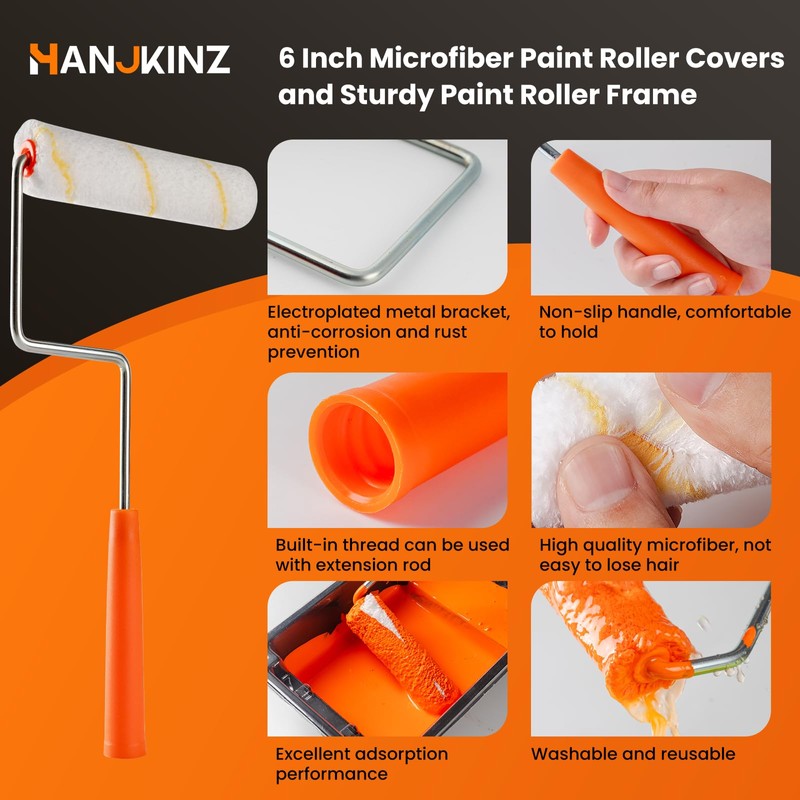 HANJKINZ Microfiber Paint Roller Covers, 6 Inch, 3/8 Inch Nap,