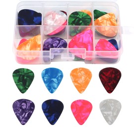 Guitar Picks, 32 Pieces Celluloid Guitar Picks with Box, 4 Different Thicknesses, Guitar Accessories for Acoustic Guitar, Ukulele, Bass, Electric Guitar (0.5/0.75/1/1.2 mm)