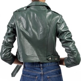 Jild Cropped Leather Jacket Women Lapel Asymmetric Zip Up Moto Biker Short Coat with Belt (CW-Green-XL)