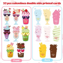 32 Pack Valentines Day Gift Cards for Kids Classroom School Valentines Exchange Gifts with Reusable Crazy Straws for Girls Boys Party Favors Gifts Prizes