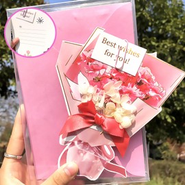 Pink Carnation Dried Flower Bouquet Greeting Card, Bouquet 3D Popup Thanksgiving Pop up Cards, Family Gifts Birthday Card for Women Girls with Envelope, Valentine Day, Anniversary, Thank You Card