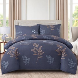 Marina Decoration Ultra Soft Silky Rich Printed Rayon from Bamboo All Season 4 Pieces Duvet Cover Fitted Sheet Ensemble Bedding Set with Zipper and Corner Tie, Romantic Foral Pattern Queen Size