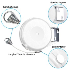 Summala Tendedero Retráctil, Tendedero para Exteriores e Interiores, Ajustable de 15 Metros, Tendedero Retráctil con 6 Clips para Balcón, Patio, Camping, Fácil Instalación (Blanco)