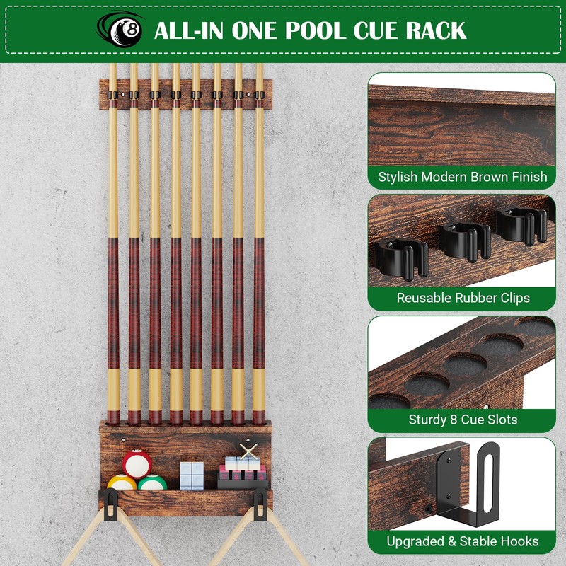 WHEARTED Wall Mount Pool Stick Holder, Billiards Pool Cue Rack