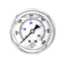 PIC Gauges PRO-202L-254K Center Back Mount Glycerin Filled Industrial Pressure Gauge w/ SS Case, Brass Internals, Plastic Lens, 2.5" Dial, 0/600 psi Range, 1/4" Male NPT
