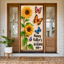 Happy Father's Day Door Cover Memorial Father's Day Commemorate Dad in Heaven Door Banner Sunflower IN HEAVEN DAD Decorations Backdrop Sign Decor for Men Funeral Home Indoor Outdoor Supplies