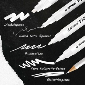 JEFFNIUB White Pen for Art, Pack of 5, Multimarker with Brush, Brush, Fineliner & Pencil, Opaque White Pen for Black Paper, Waterproof Caligraphy Pen for Drawing, Writing