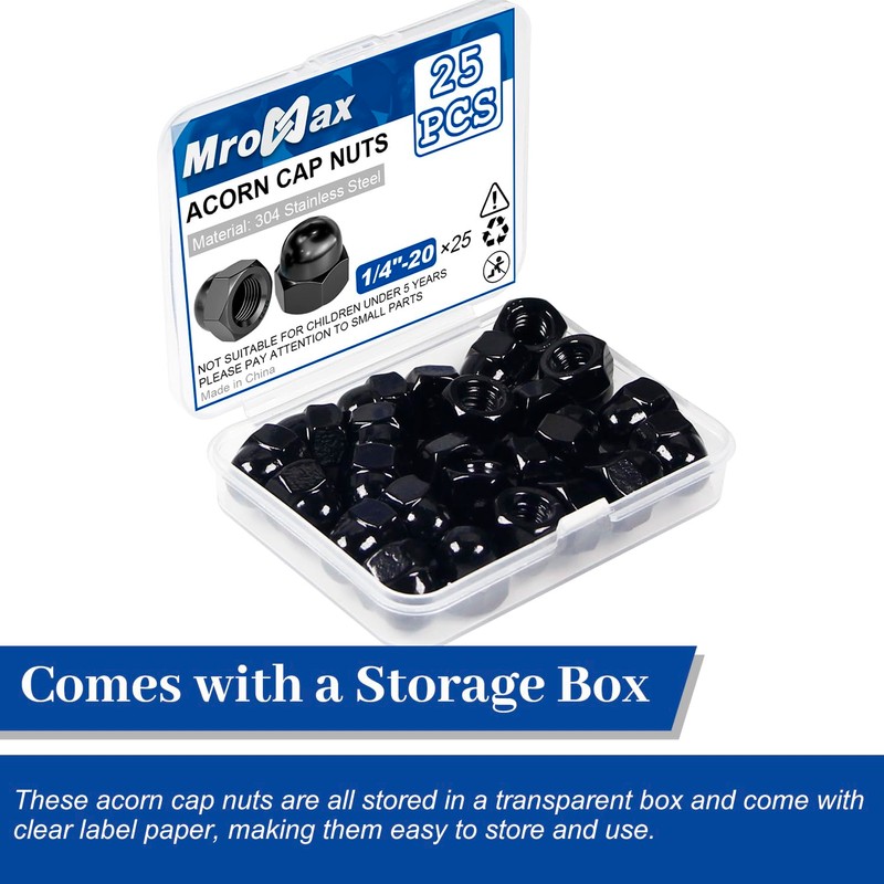 1/4"-20 Black Acorn Cap Nuts, 25Pcs Acorn Nuts, 304 Stainless