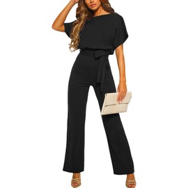 amropi Women's Short Sleeve O-Neck Elegant Long Jumpsuit Jumpsuit Trouser Suit Playsuit Romper, black