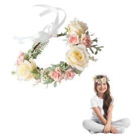 Geoyien Flower Wreath Hair, Flower Hair Wreath, Adjustable Flower Wreath Headband, Crown, Flower Garland, Flower Crown, Rose Petal Headband, Wedding, Boho Flower with Ribbon for Women and Girls, 1