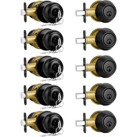 5 Pack Front Door Lock Set Matte Black,Exterior Door Lock Set with Deadbolt,Single Cylinder Deadbolt Lock and Door Knob Set,Keyed Alike Door Knobs with Lock&Keys,Round Ball Entry Door Lockset