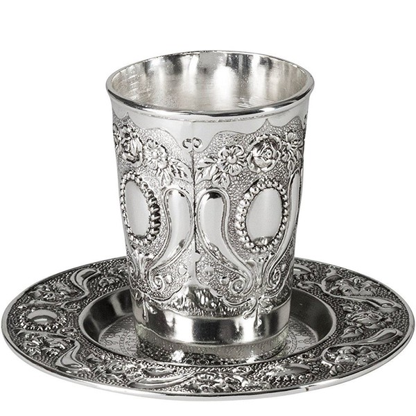 Ner Mitzvah Kiddush Cup and Tray - Premium Quality Nickel Plated Wine Cup - For Shabbat and Havdalah - Judaica Shabbos and Holiday Gift