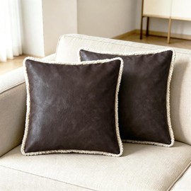CaliTime Throw Pillow Covers Pack of 2 Faux Shearling Stitching Edges Soft Leather Cushion Cases for Couch Sofa Home Decoration 18 X 18 Inches Coffee