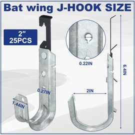 Zonon 25 Pcs J Hooks for Hanging 1-5/16 Inch Metal J Hook Hangers Cable Support with Bat Wing Heavy Duty G60 Galvanized Steel Cable Hooks for Attaching Ceiling Wire Threaded Rod, Ul Certification