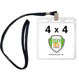 10 Pack - 4x4 Badge Holder with Lanyard - Premium 4x4 Lanyard with Bulldog Clip & ID Holder in One - Horizontal Plastic Vinyl Name Tag Protector Sleeves for 4X3 or 3x4 Badges by Specialist ID (Black)