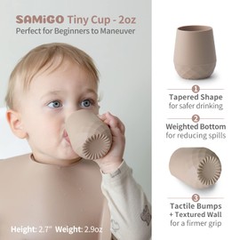 SAMiGO Silicone Baby Utensils - Self Feeding Spoons and Tiny Training Cup - First Stage Baby Led Weaning Supplies for 6 Months+ Infants - Set of 3