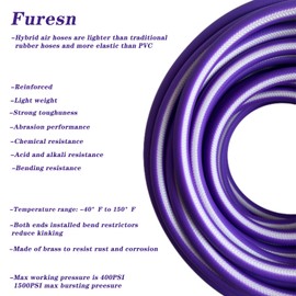 Air Hose 1/4 in x 100 ft, Heavy Duty, Lightweight, Kink Resistant, Hybrid Air Compressor Hose with 1/4 in Solid Brass Male Fittings, Bend Restrictors, 400 PSI(100ft, Purple White)