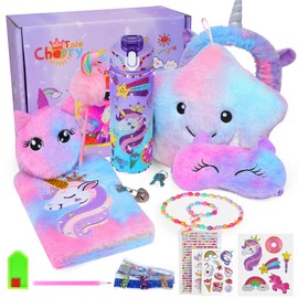 Cherry Tale Unicorn Gifts for Girls Age 4 5 6 7 8 9 10, Girls Toys Birthday Set with Light Up Plush Pillow Diary DIY Water Bottle Kits for Kids 3-12 Year Old