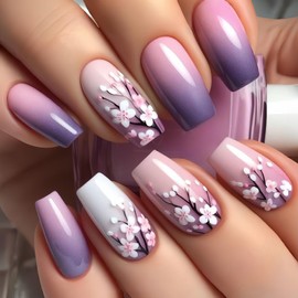 Press On Nails Coffin Fake Nails Flowers Stick On Nails Purple Gradient Glue On Nails Glossy Shiny Artificial Nails Full Cover Acrylic Nail Kit For Women Girl 24pcs