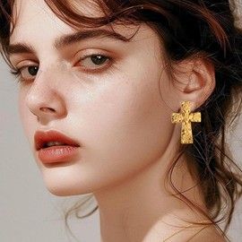 Bi&Yamigeo Chunky Hammered Cross Stud Earrings Vintage Gold Plated Metal Thick Large Swirls Pattern Religious Dupe Jewelry for Women