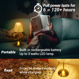 Amingulry Cordless Table Lamp, Rechargeable Battery Operated Lamp, 3 Color Modes & Stepless Dimmable LED Touch Lamp, Portable Retro Gold Metal Beside Lamps for Home Desk Bedroom Restaurant Outdoor