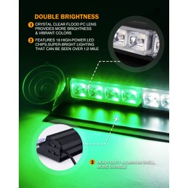 Xprite 2x16" Emergency Dash Strobe Lights, 22 Modes & Stable Vacuum Suction Cups, Windshield Visor Traffic Aluminum Dual Lightbar for Construction Trucks Plows Postal Security Cars White Green