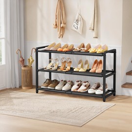Gewudraw 3 Tier Expandable Shoe Rack, Adjustable Heavy Duty Metal Shoe Organizer for Closet, Shoe Storage for Entryway, Garage, Bedroom, Door Entrance, Black