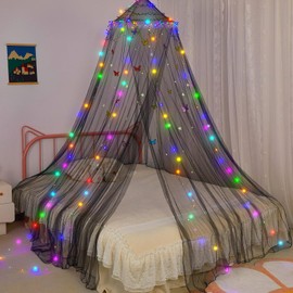 FIOBEE Bed Canopy for Girls Room Bed Canopy Curtains with Led Lights Mosquito Net DIY Princess Room Décor with Stars Butterflies for Kids Bedroom, Black