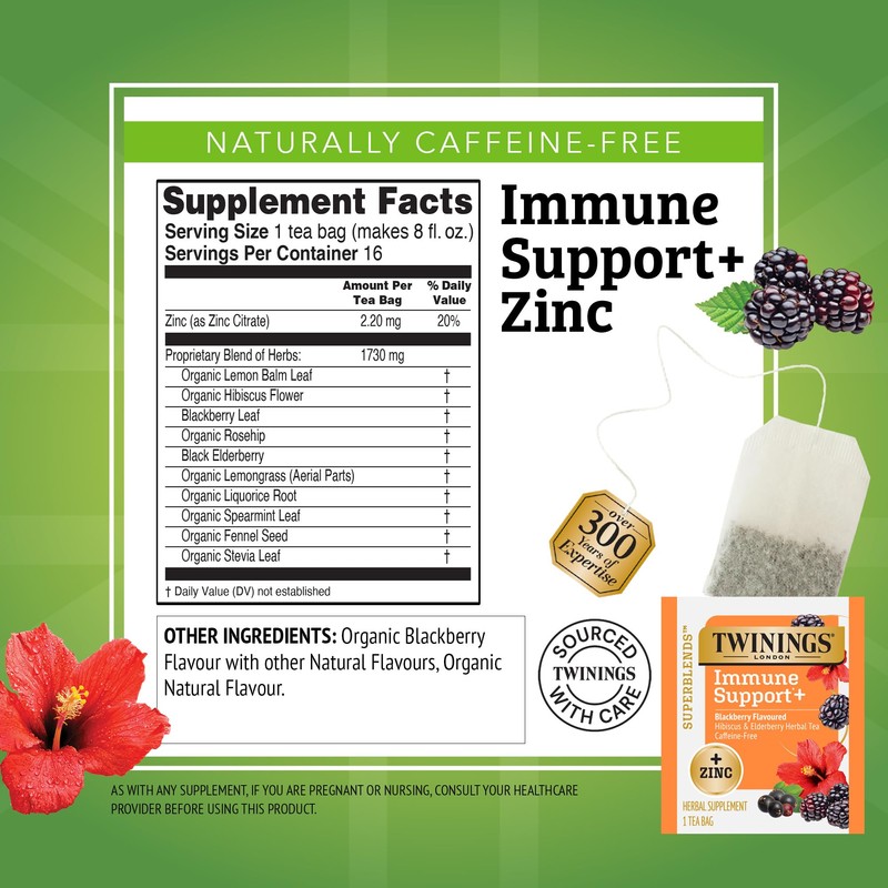 Twinings Superblends Immune Support+ Zinc Blackberry Flavoured Hibiscus, Elderberry Herbal,