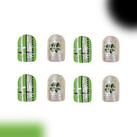 24Pcs St.Patrick's Day Press on Nails Short Square Fake Nails with Four Leaf Clover Design Glitter Press on Nails Glossy Acrylic Nails Stick on Nails for Women St.Patrick's Day Party Parade Nail Art