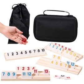 OZFRHO Rummy Cube Game Set, 106 Rummy Tiles with 4 Wooden Racks/Trays, Portable Carrying Case, Classic Family Board Game for Travel and Fun Gatherings