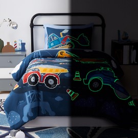 Kaleido Space Truck Tractor Excavator Twin Comforter Set with Sheets - 5 Pieces Kids Twin Bedding Sets for Boys, Glow in The Dark Construction Trucks Twin Bed in a Bag for Kids, Teens