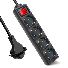 EXTRASTAR 4-Way Socket Strip, Flat Plug Multiple Socket with Save Energy Switch, Multiple Socket, Flat Plug with 1.5 m Cable, IP20, 16 A, 3680 W, Flat Plug, Black