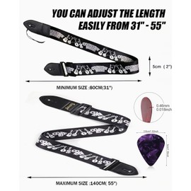 MYGLOAR Polypropylene Shoulder Strap, Adjustable Woven Guitar Strap with Leather Ends, 3 Piece Pick Holder, Black with Print, Suitable for Electric Guitar, Western Guitar, Bass