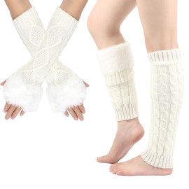 Chiclinco Crochet Leg Warmer Fleece Lined and Fur Arm Warmer Fingerless Gloves Set for Cold Weather Boot Socks Ice Skating (2, White)