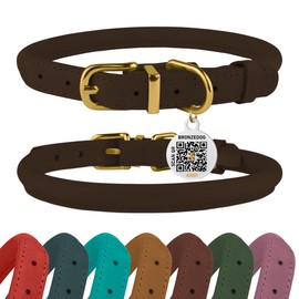 BRONZEDOG Rolled Leather Dog Collar with QR ID Tag Adjustable Soft Round Collars for Small Medium Large Dogs Puppy Cat (7" - 10" Neck Size, Brown)