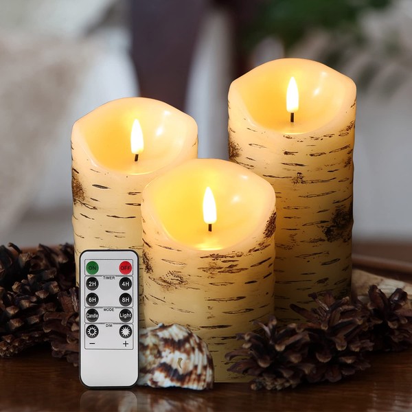Eywamage Birch Bark Flameless Pillar Candles with Remote, Flickering Rustic