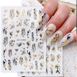 11 Sheets 3D Black Gold Line Nail Art Stickers, Graffiti Series Nail Stickers, Nail Decals Abstract Face Leaf Flower Butterfly Cactus Geometry Leopard Design Nail Sticker for Women Girls DIY Decoration