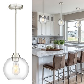 Audickic Pendant Lights Kitchen Island, 8" Brushed Nickel Pendant Light Fixtures with Globe Clear Glass Shade, Modern Kitchen Island Lighting for Bathroom, AD-22280-1PL-SN