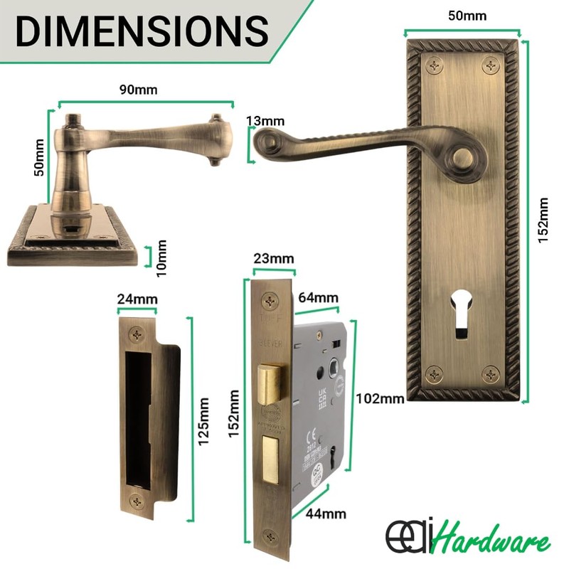EAI Antique Brass Georgian Scroll Door Handle Key Lock Set