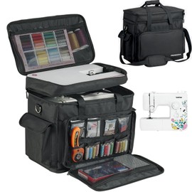 PENGDA 2 Layer Sewing Machine Case with Adjustable Shoulder Strap Sewing Machine Carrying Case Universal Tote Bag for Sewing Machine and Sewing Accessories Storage Black
