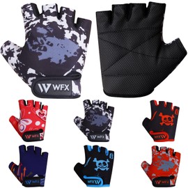 WFX Kids Cycling Gloves Short Half Finger Fingerless Gloves Padded Fastened Children Kid BMX Bike Safety Hand Protect Cycling Climbing Weight Lifting Workout Bicycle Gloves (Grey Camo, M)