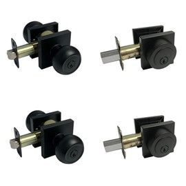 Black Entry Entrance Lock Square Plate Round Door Handle Knob with Matching Single Cylinder Deadbolt Combo Pack Keyed Alike 5765-6085NBL (2 SET)