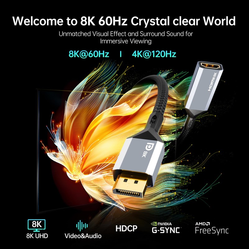 AGFINEST 8K Display Port 1.4 to HDMI 2.1 Adapter 4K@120Hz