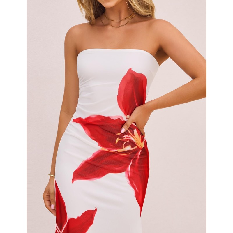 ZESICA Womens Summer Floral Strapless Maxi Dress 2026 Off Shoulder